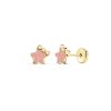 Pendientes Oro 18k estrella esmalte rosa