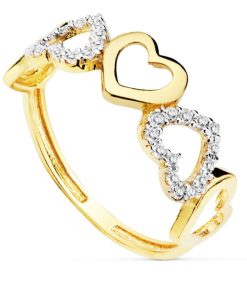 Anillo Oro 18k corazones y piedras